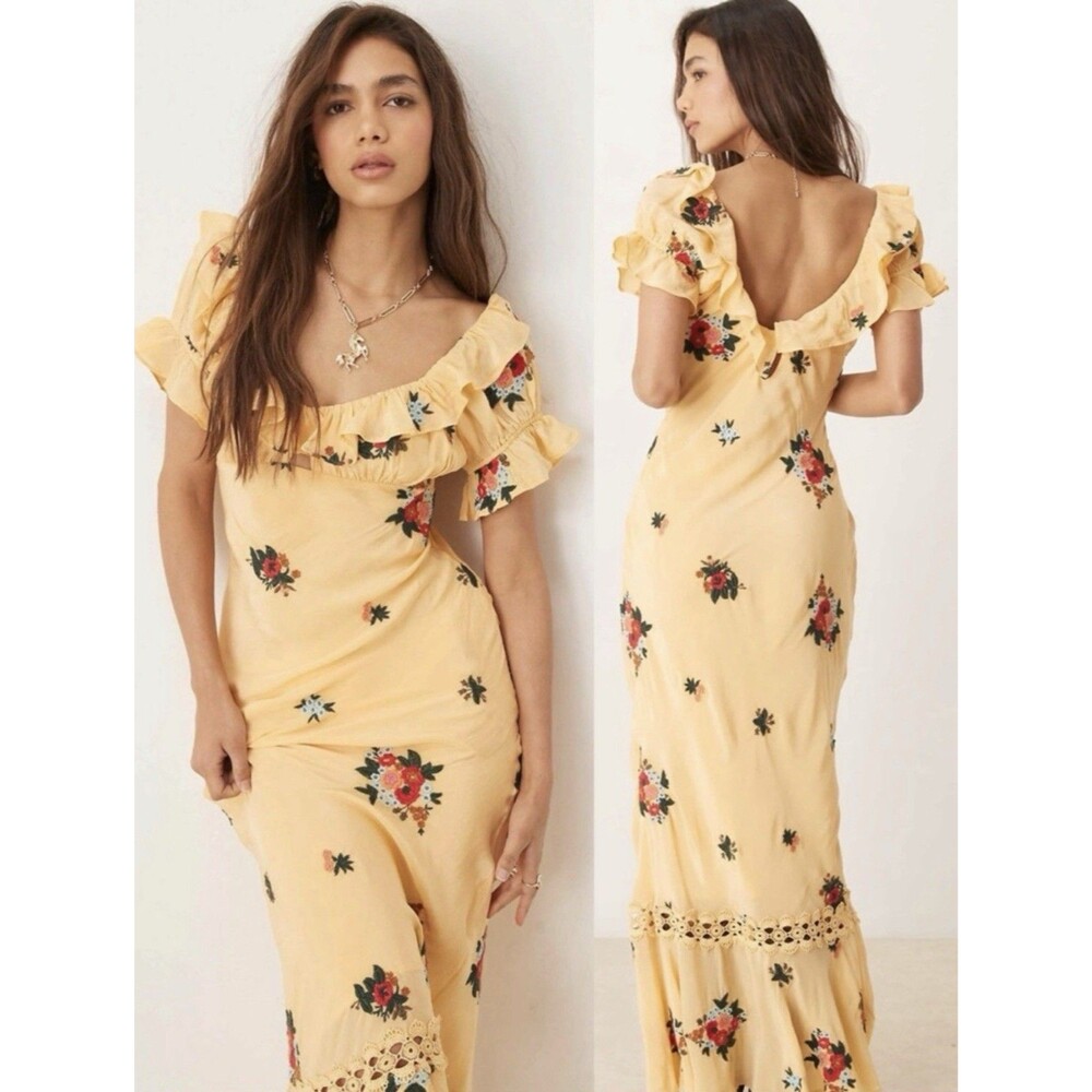 Free People Bali Santa Cruz Ruffle Maxi Dress S Yellow Floral Puff Sleeve Boho